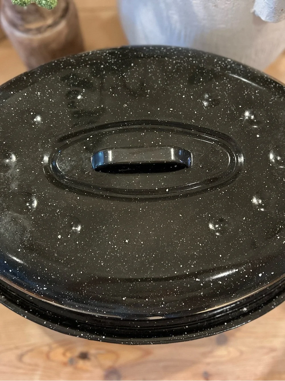 Vintage Speckled Black 16” Enamel Roasting Pan with Cover & Juice Grooves